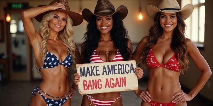 Three women in bikinis holding a sign that says make america bang again