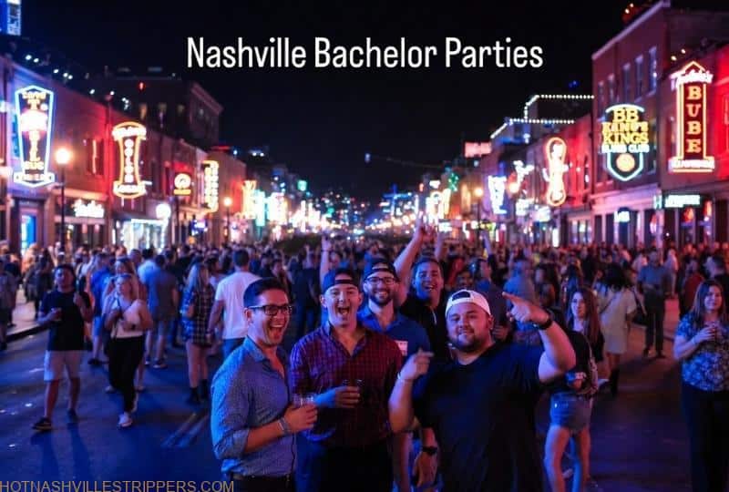 nashville-bachelor-party-ideas-broadway-nightlife group celebrating bachelor party on Broadway in downtown Nashville