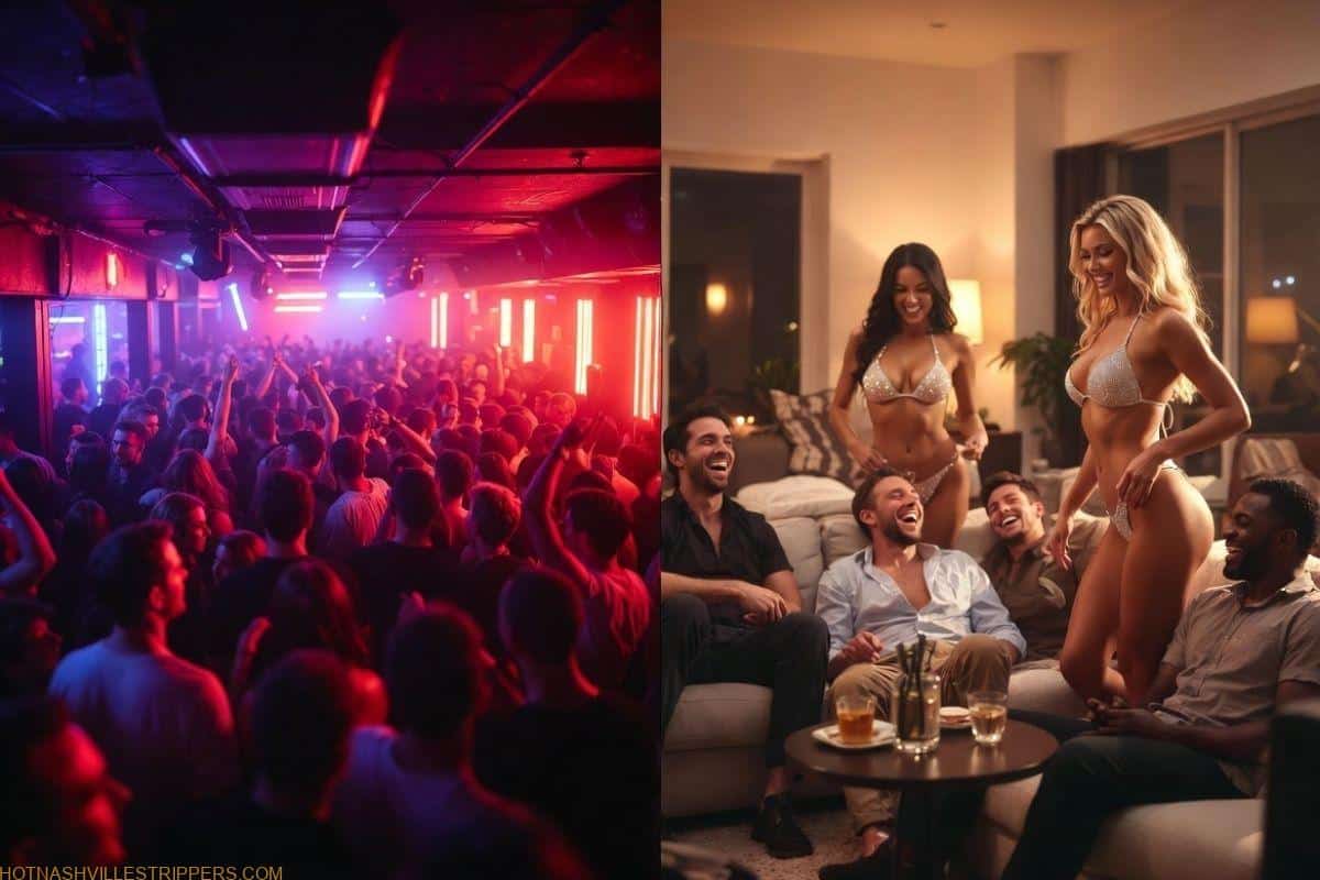 nashville-strip-club-vs-private-party-dancers Nashville strip club vs private party strippers comparison showing crowded club and private Airbnb party experience