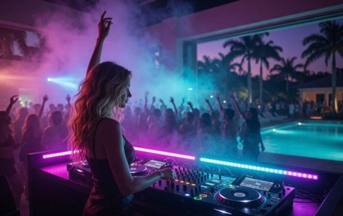 DJ performing at a house party with guests dancing in the background