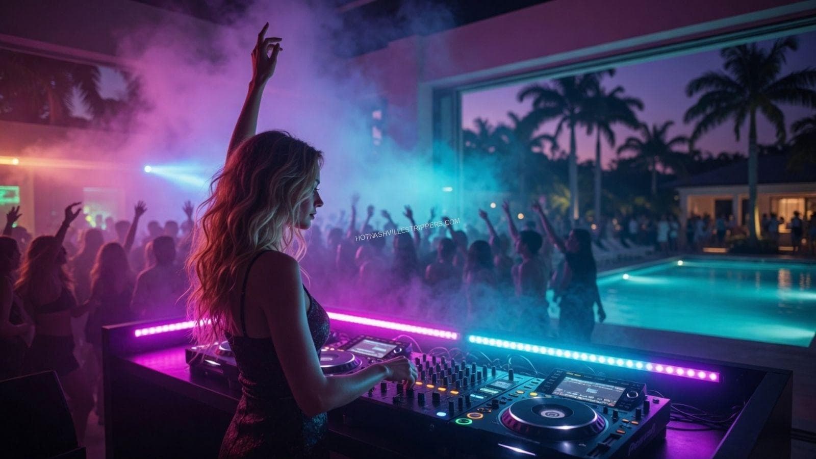 DJ performing at a house party with guests dancing in the background