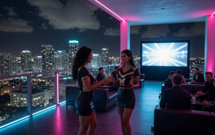 Fantasy football draft party in a Nashville rooftop lounge with entertainers and the draft board on screen