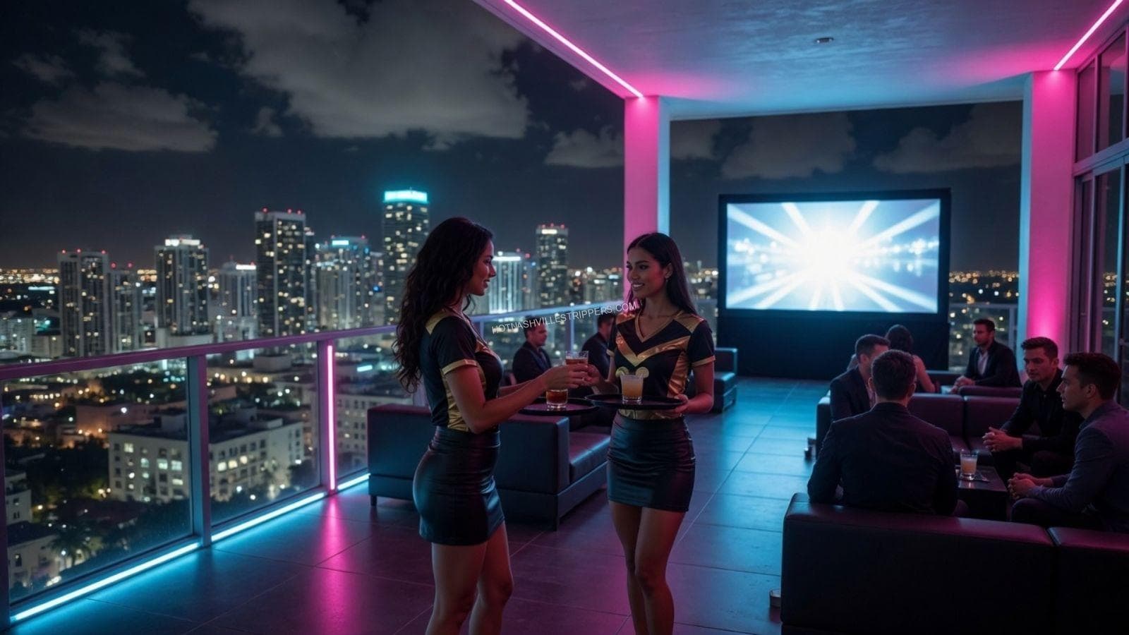 Fantasy football draft party in a Nashville rooftop lounge with entertainers and the draft board on screen
