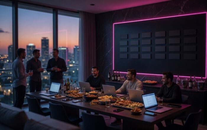 Fantasy football draft party in a Nashville penthouse with league members drafting on laptops at dusk