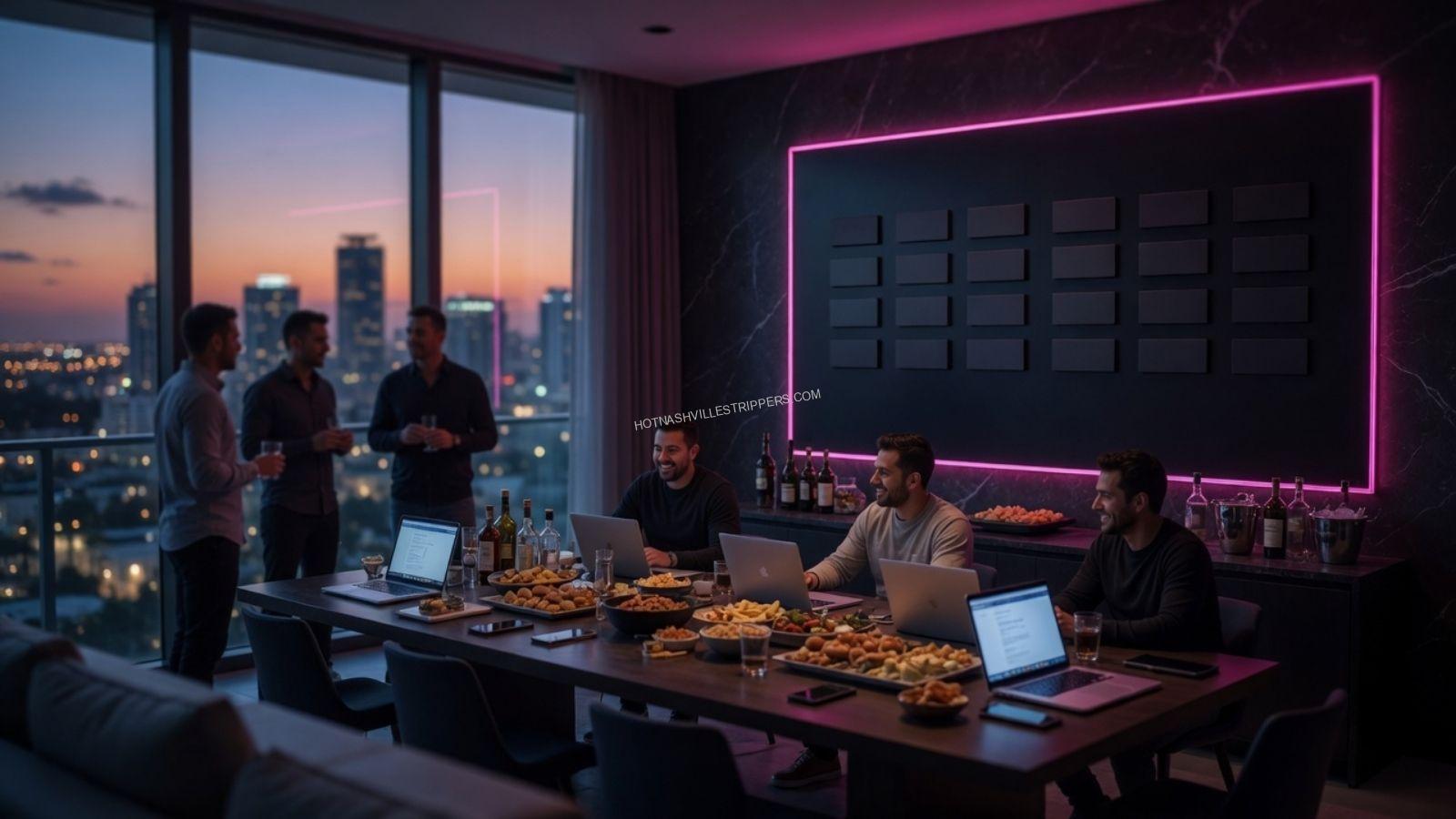 Fantasy football draft party in a Nashville penthouse with league members drafting on laptops at dusk