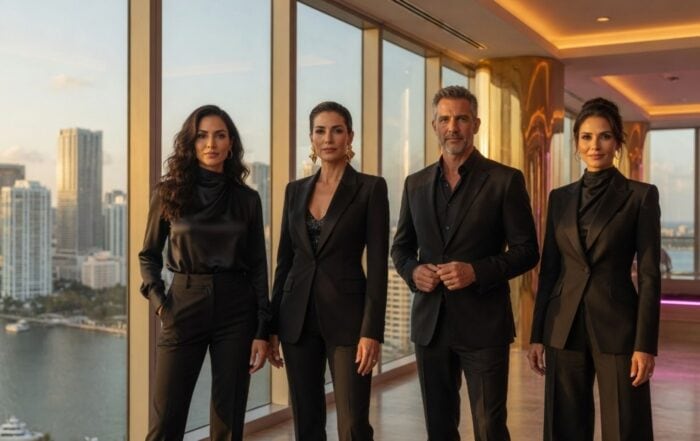 Four event hosts and hostesses in formal black attire at an upscale venue