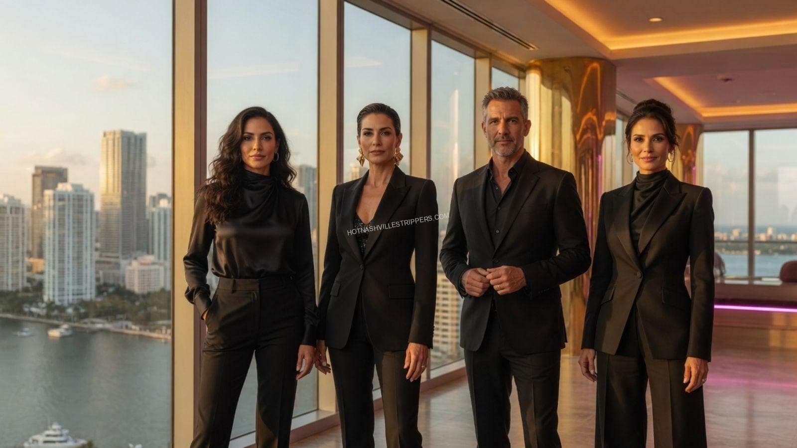 Four event hosts and hostesses in formal black attire at an upscale venue