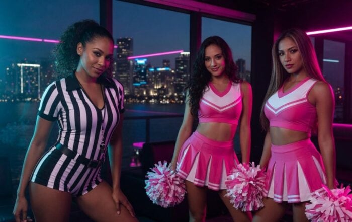 Three dancers in referee and cheerleader costumes at a Nashville party venue