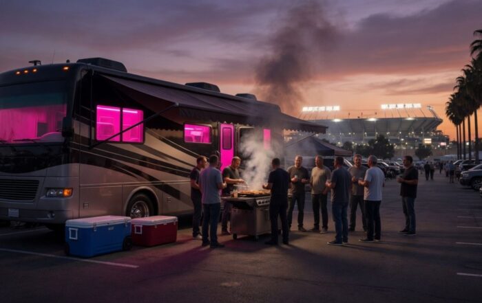 RV tailgate party at sunset in a Nashville stadium parking lot with a grill and group of friends