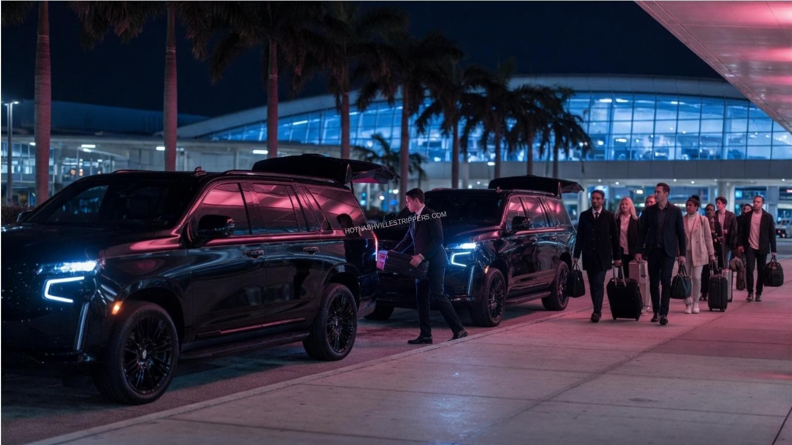 Black SUVs and a group with luggage arriving outside an airport terminal at night